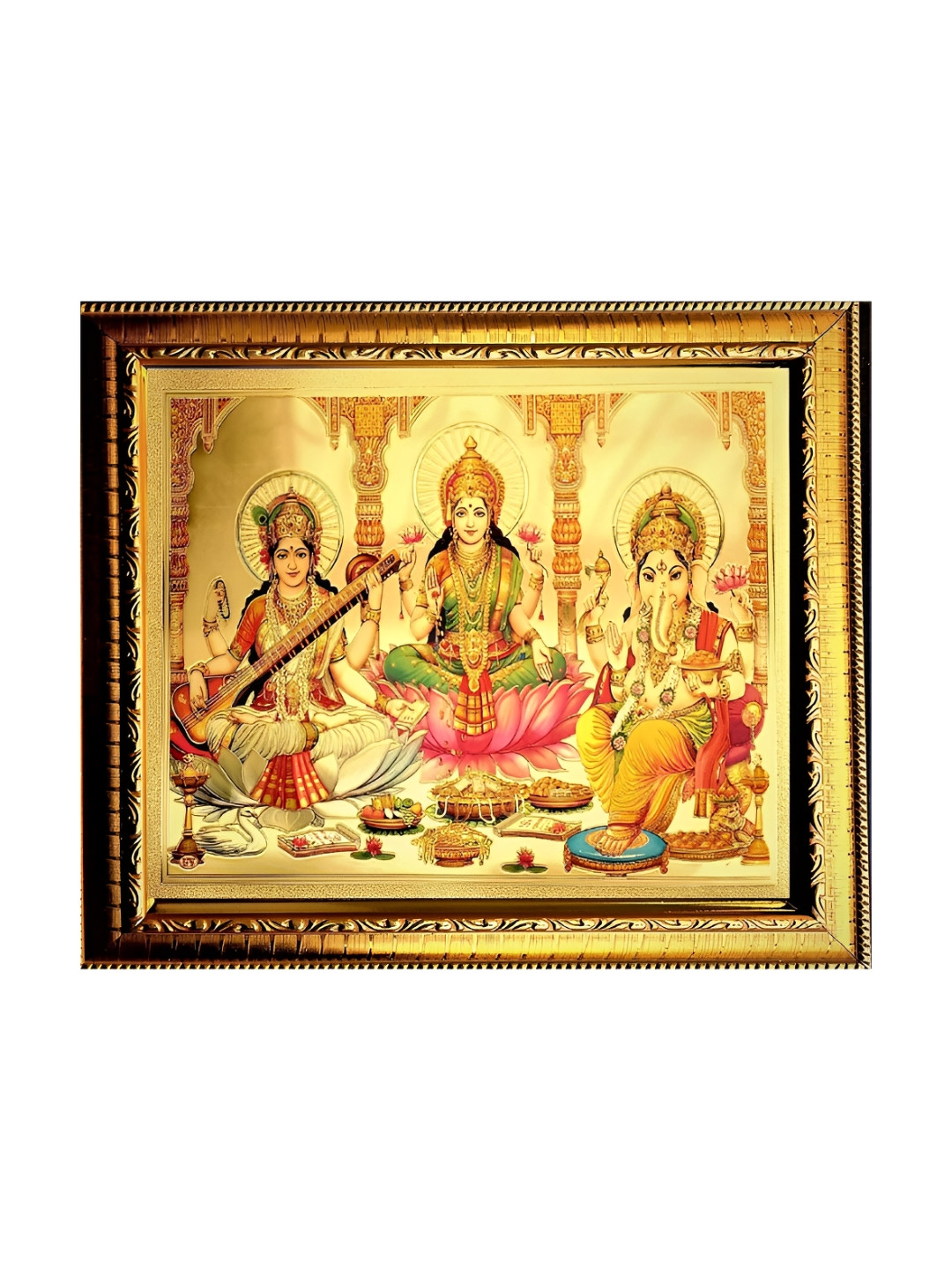 ADA Handicraft Gold-Toned Maa Lakshmi Ganesh & Maa Saraswati Wooden Wall Photo Frame