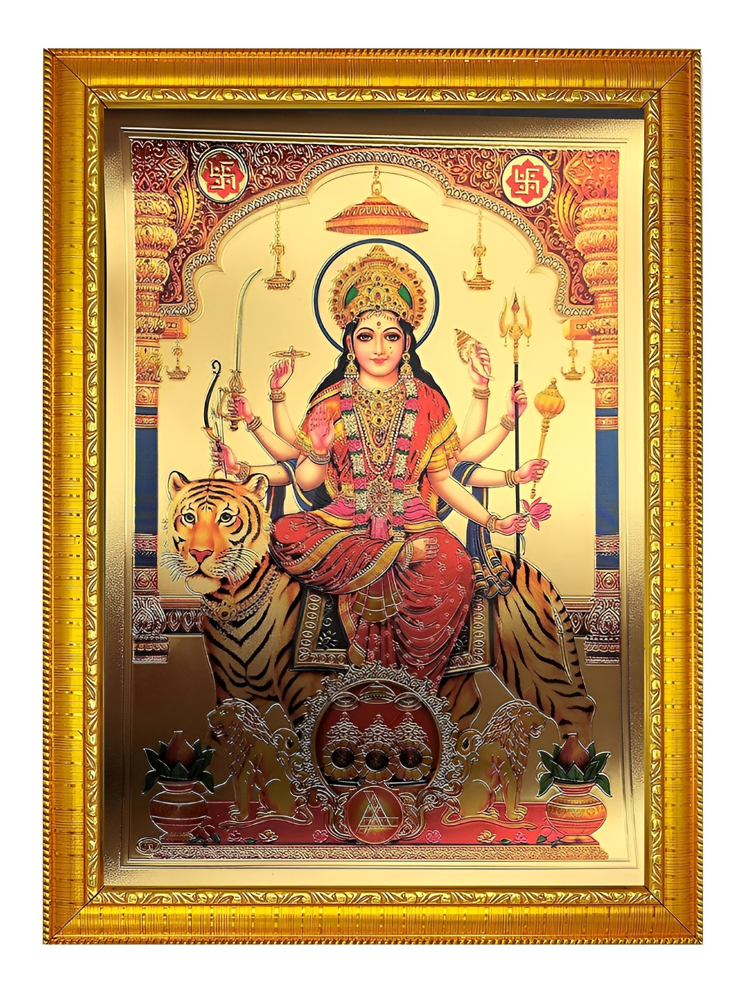 ADA Handicraft Gold-Toned & Red Sherawali Mata Wooden Wall Photo Frame