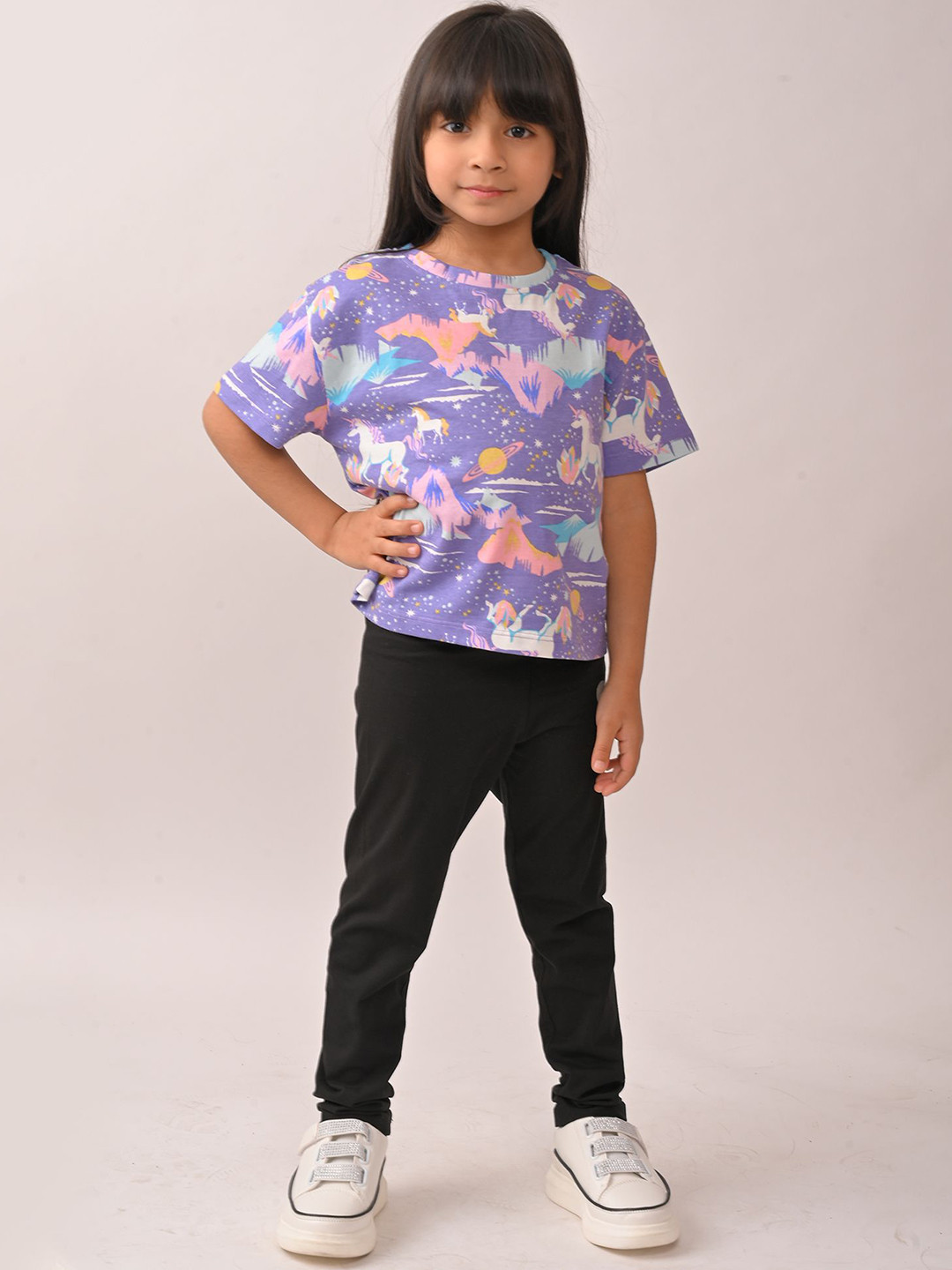 Anthrilo kids Girls Summer Unicorn Printed Round Neck T-shirt Leggings Clothing Set