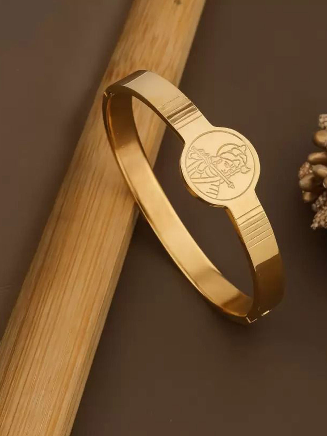 PRIMERIEA Men Stainless Steel Gold-Plated Hanuman Ji Bangle-Style Bracelet