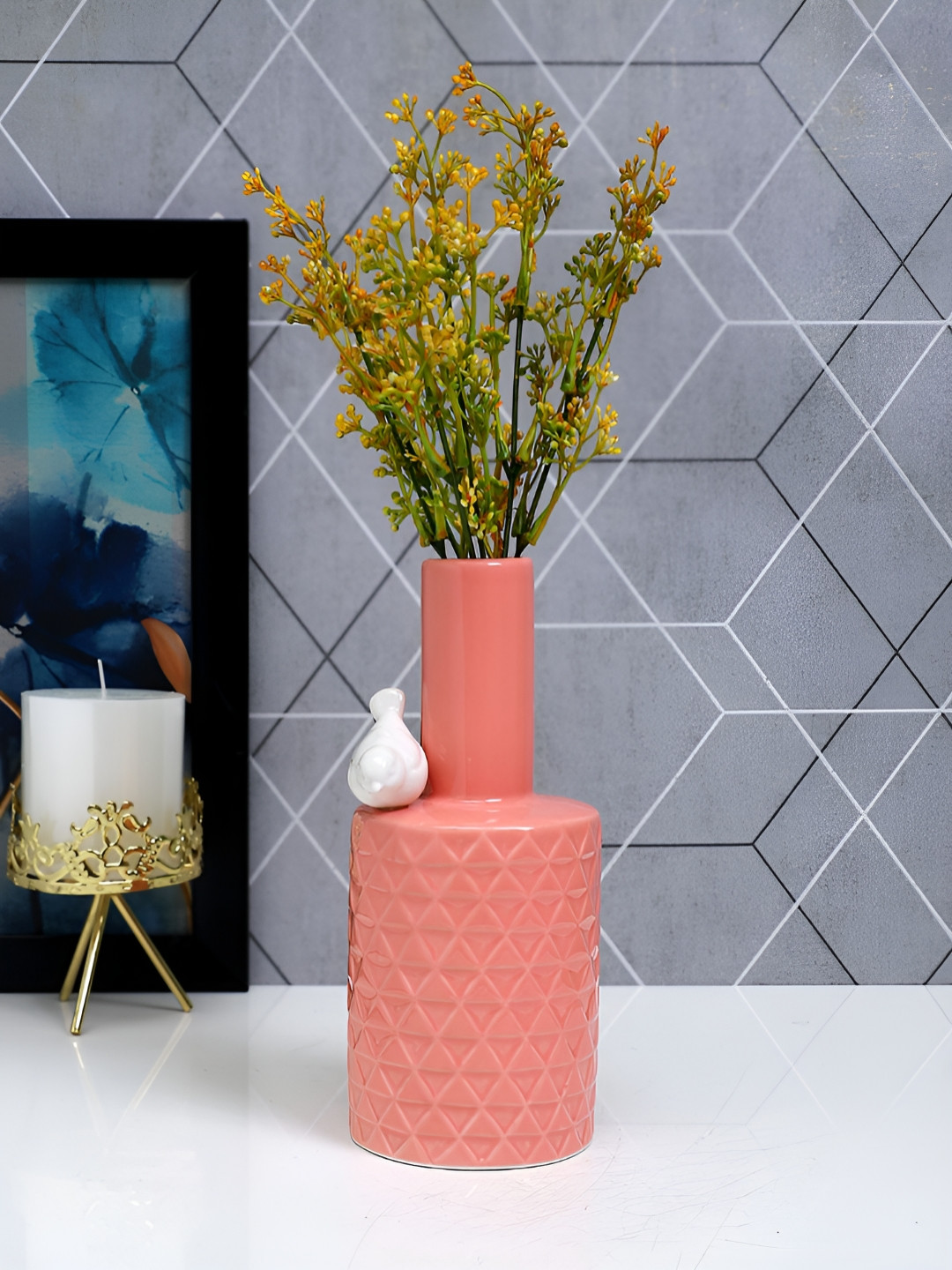 TAYHAA White & Peach-Colored Textured Ceramic Flower Vase