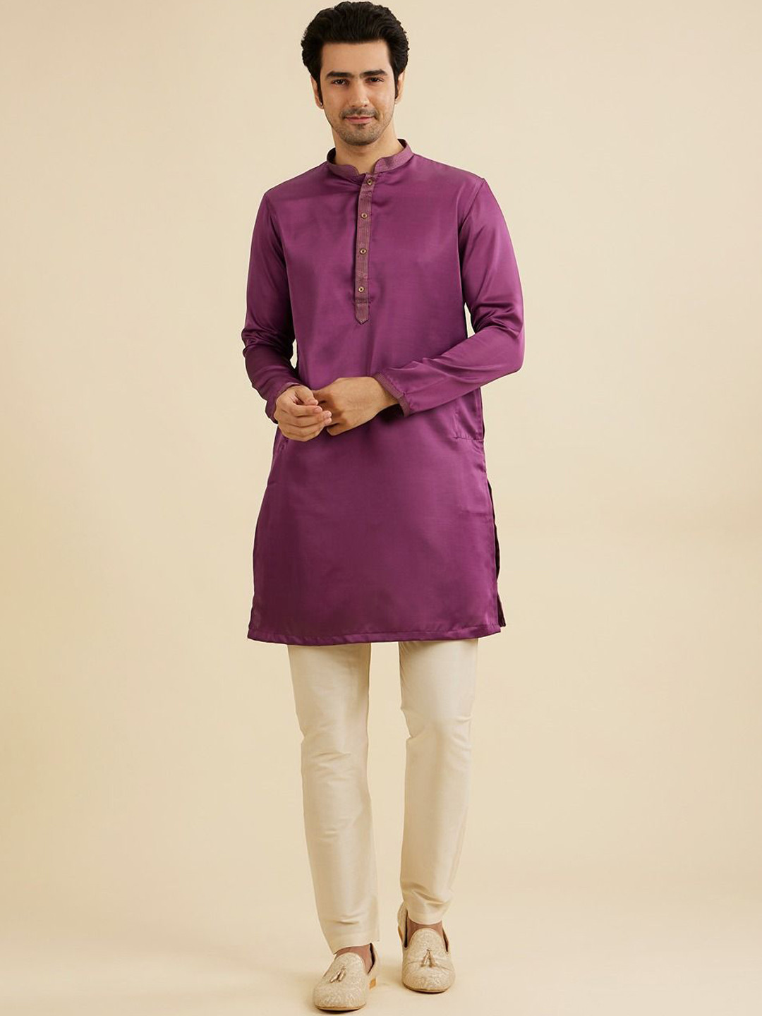 Manyavar Satin Mandarin Collar Straight Kurta With Trousers