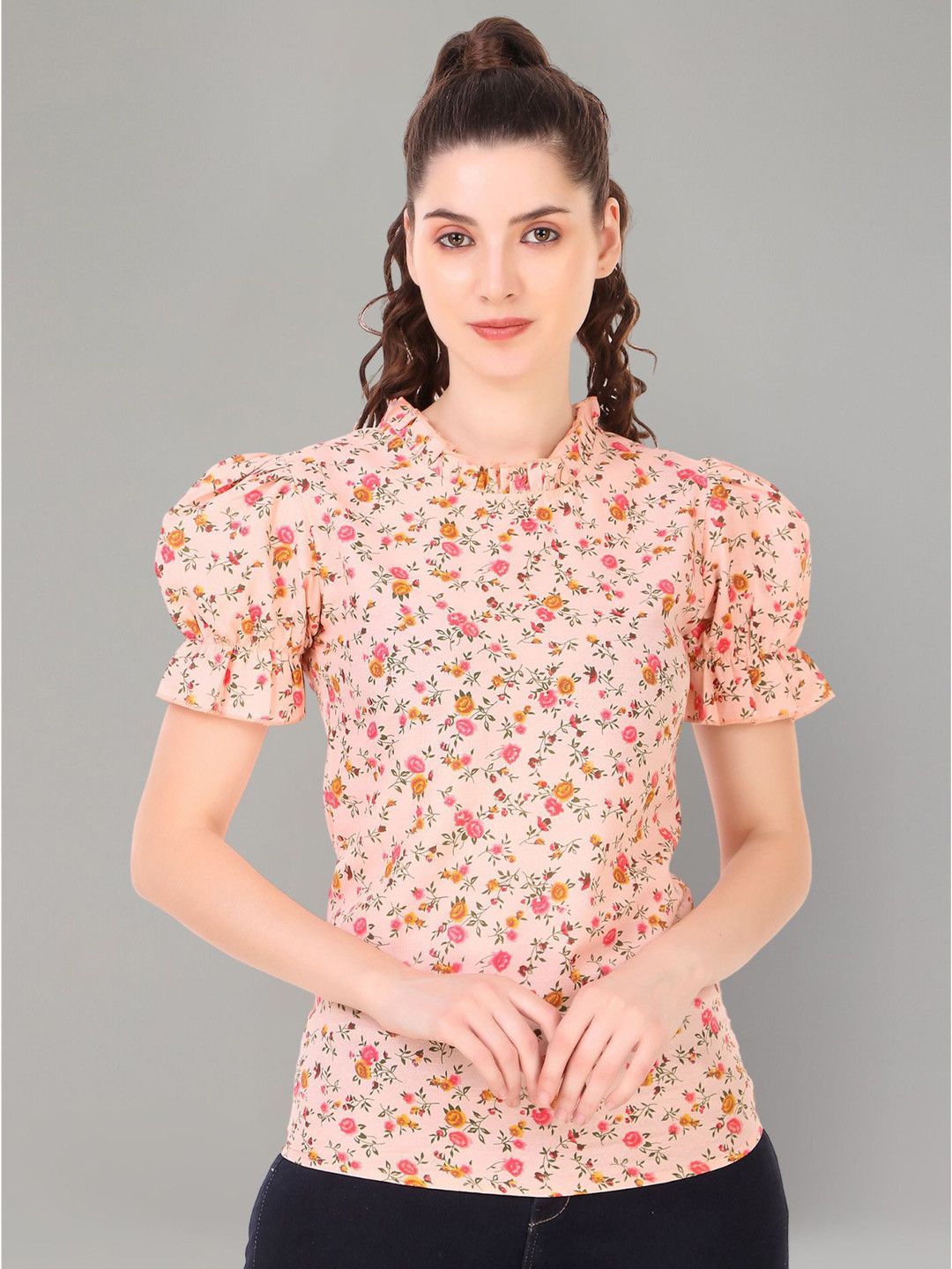 Zuvino Floral Print Mandarin Collar Puff Sleeve Ruffles Cotton Blouson Top