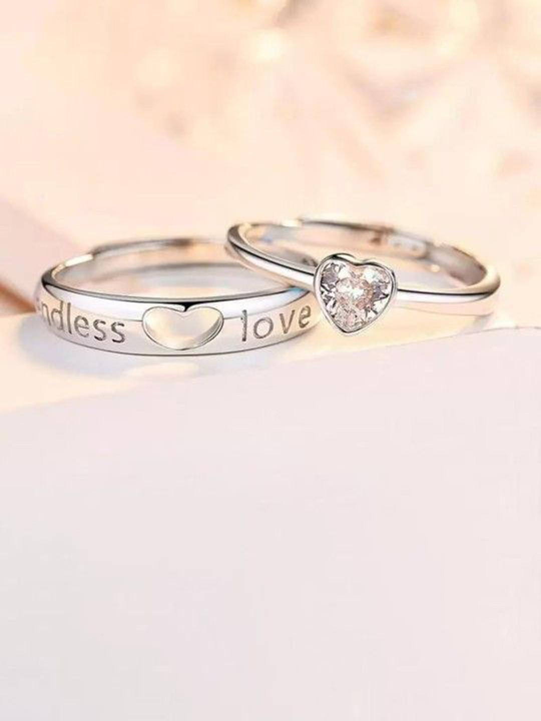 Ringzinnie Set Of 2 Couple Silver-Plated Stone-Studded Adjustable Finger Ring