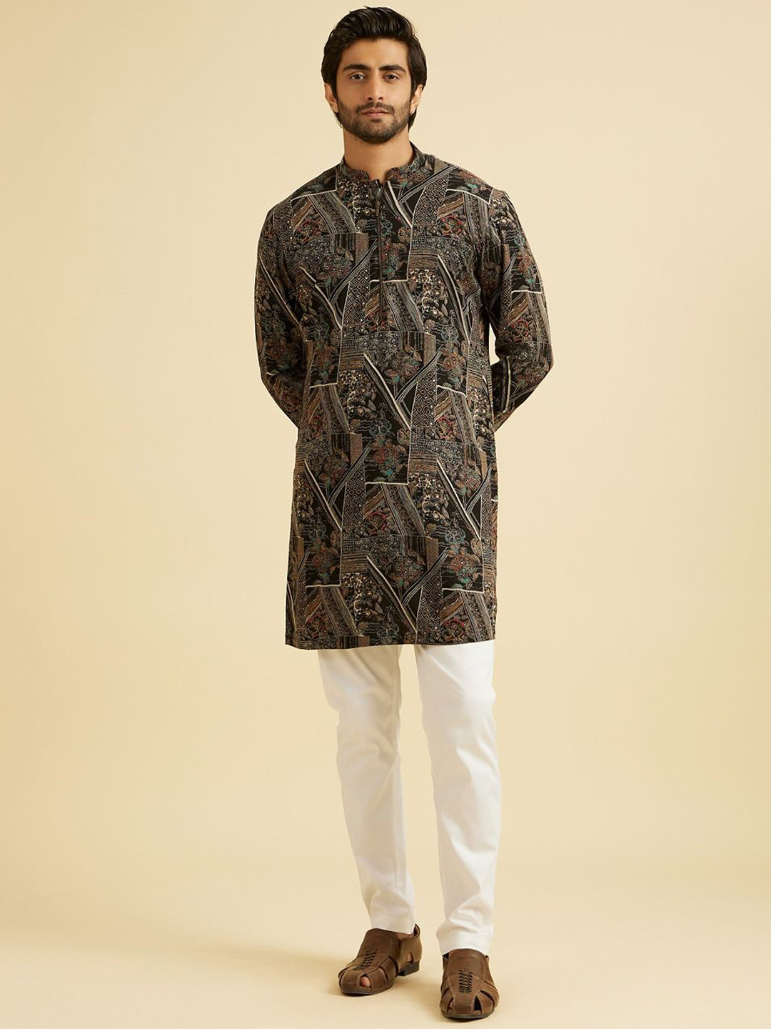 Manyavar Woven Design Mandarin Collar Mid Length Kurta