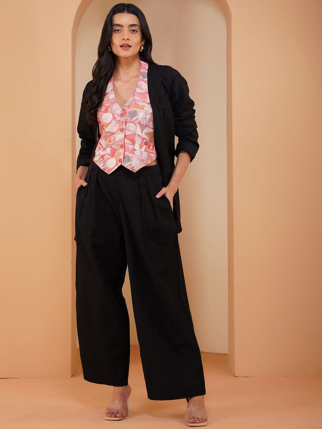 Stitchinc Flare It Abstract Printed Cotton Linen Waistcoat & Trouser With Jacket