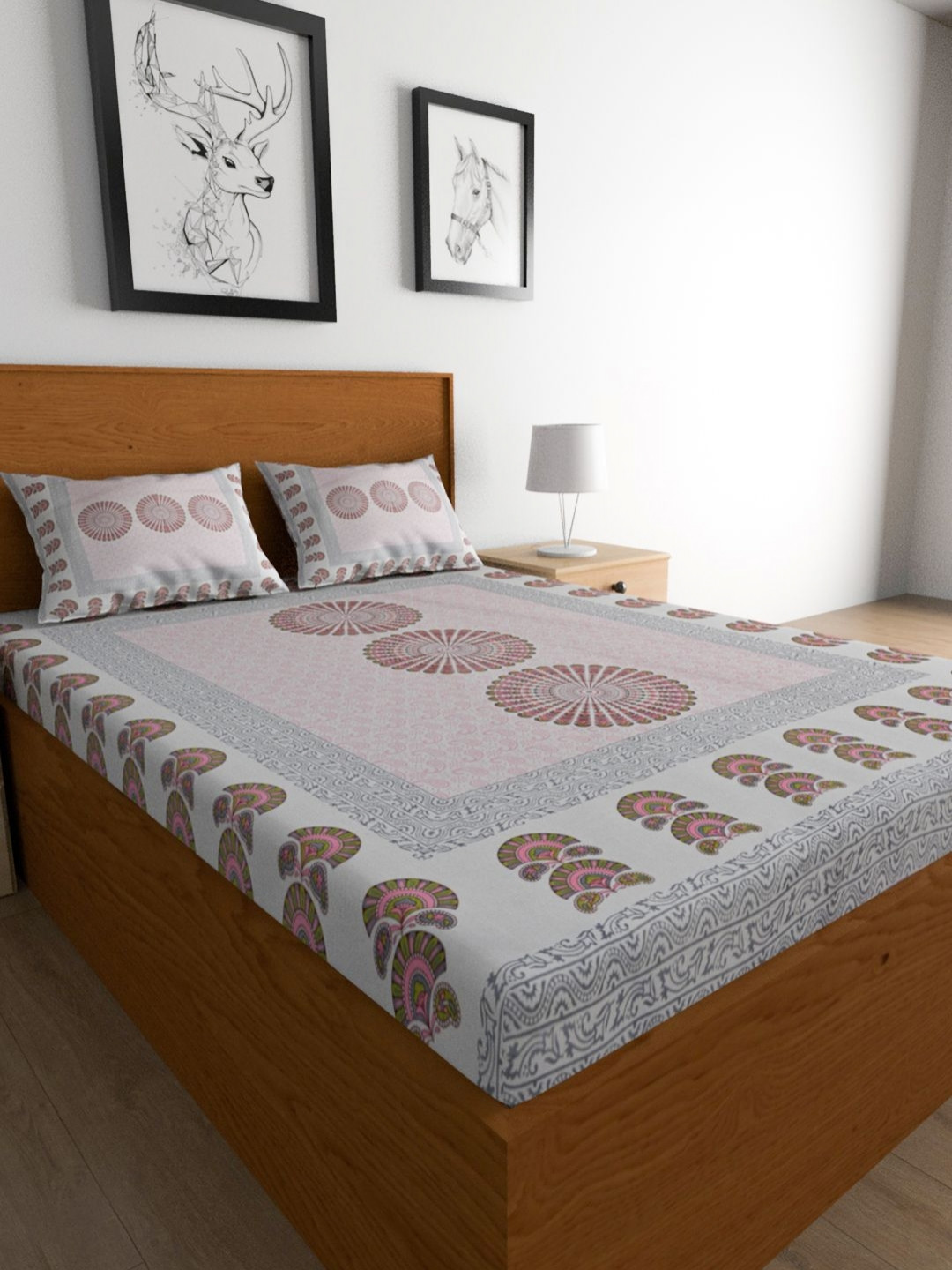METRO LIVING Pink Ethnic Motifs Cotton 104 TC Fitted Queen Bedsheet with 2 Pillow Covers-93 x 83 inches