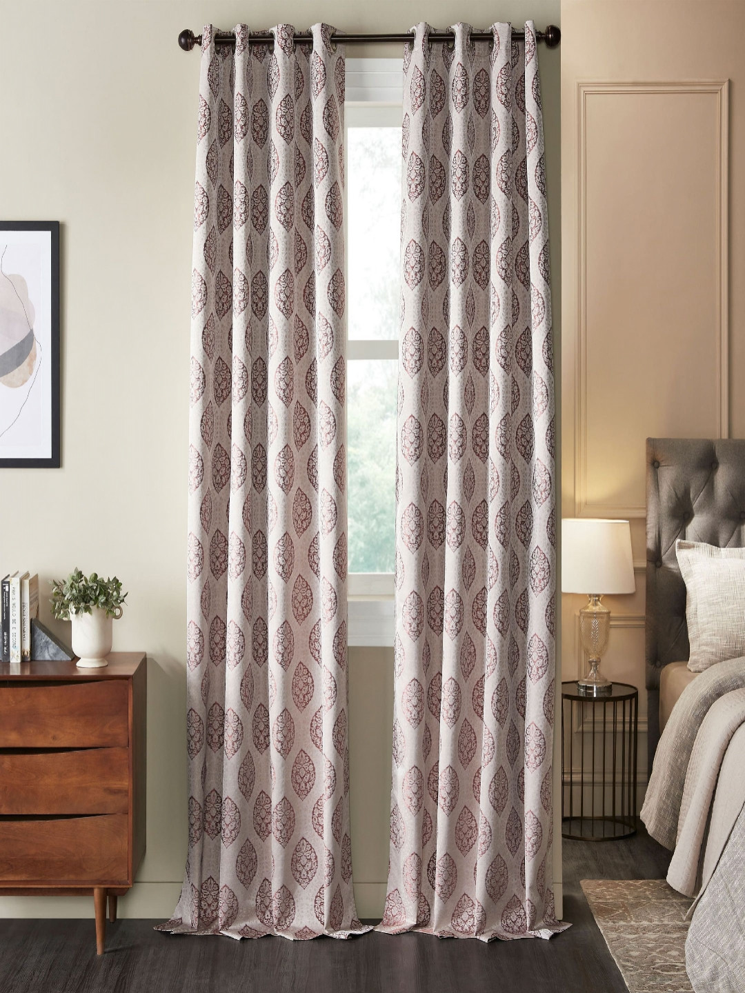 Deco Window Rust & White 2 Pieces Printed Black Out Long Door Curtain