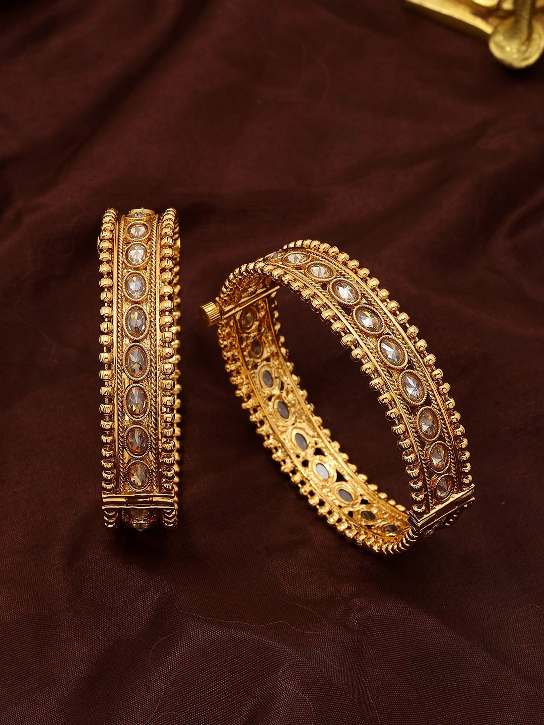 Exotic India White Stone Studded Openable Bangles In Copper
