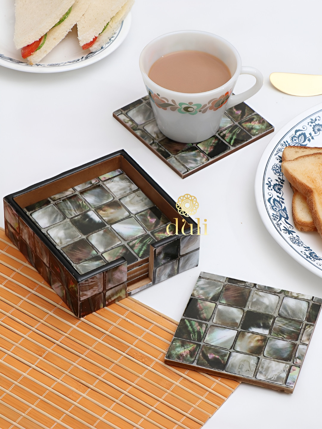 DULI 6Pcs Black Square Enamel Coasters With Stand