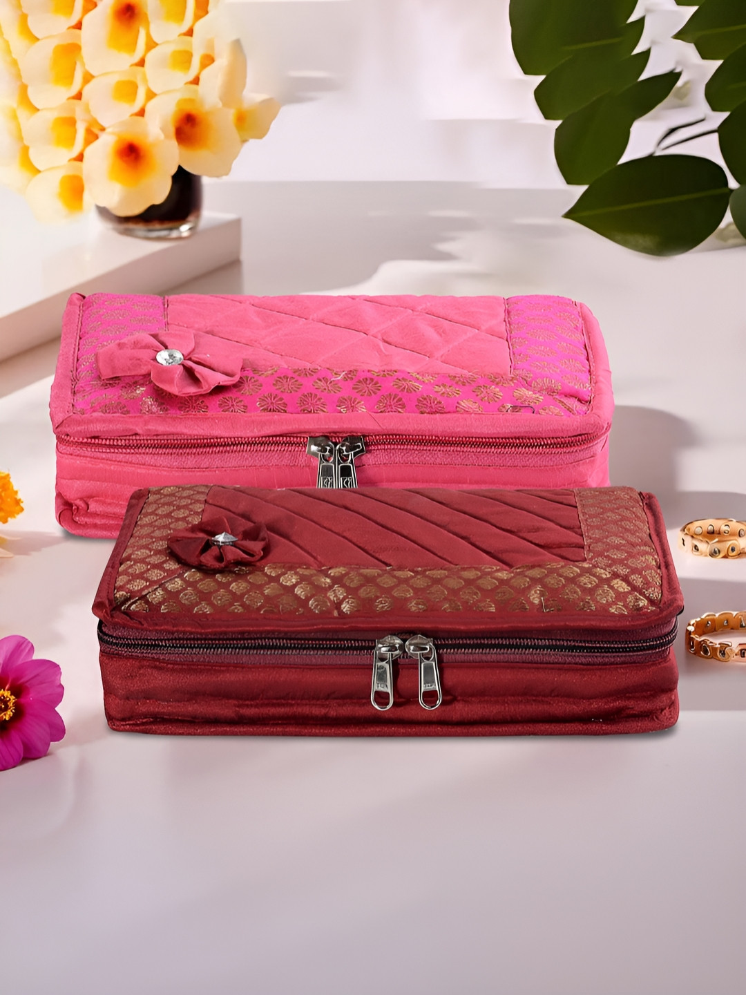 Aura Maroon and Pink 2 Pieces Printed 7-Compartments Jewellery Organisers