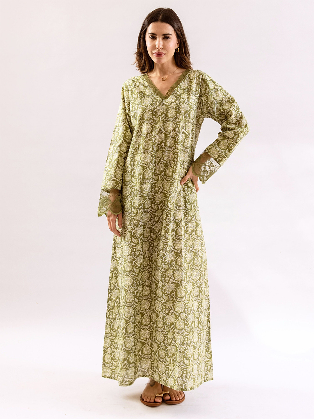 FEATHERS CLOSET  Women Olive Green Dazzel Floral Pure Cotton Night Maxi