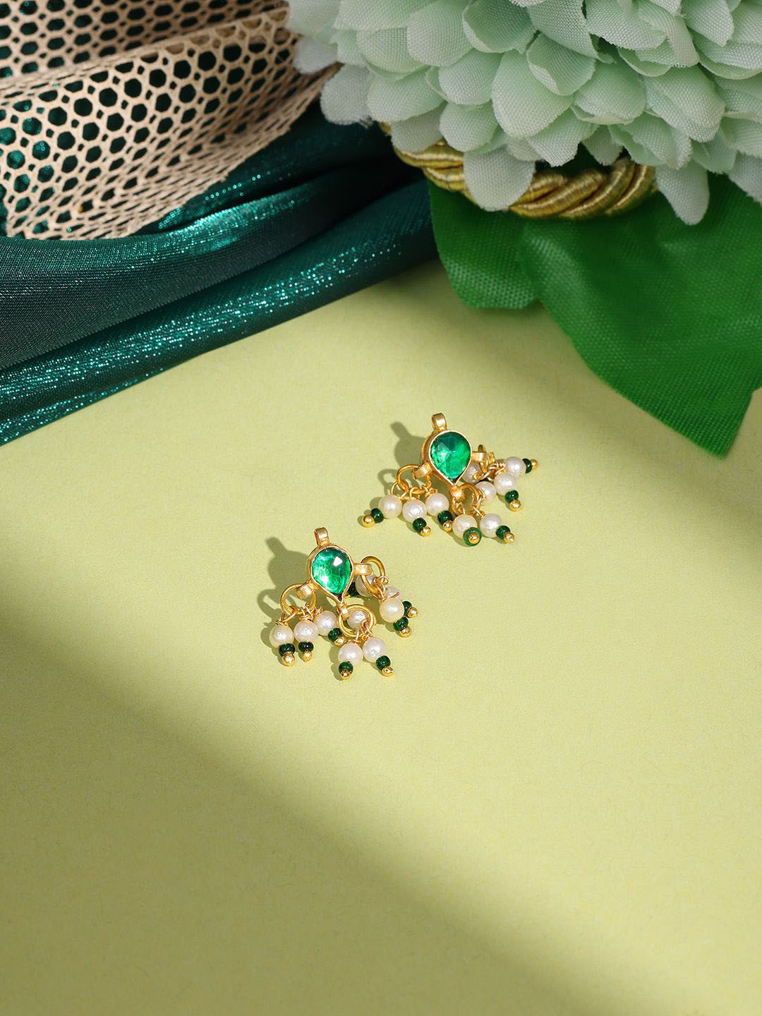 Ruby Raang Girls Gold-Plated Kundan Studded And Beaded Contemporary Shaped Drop Earrings