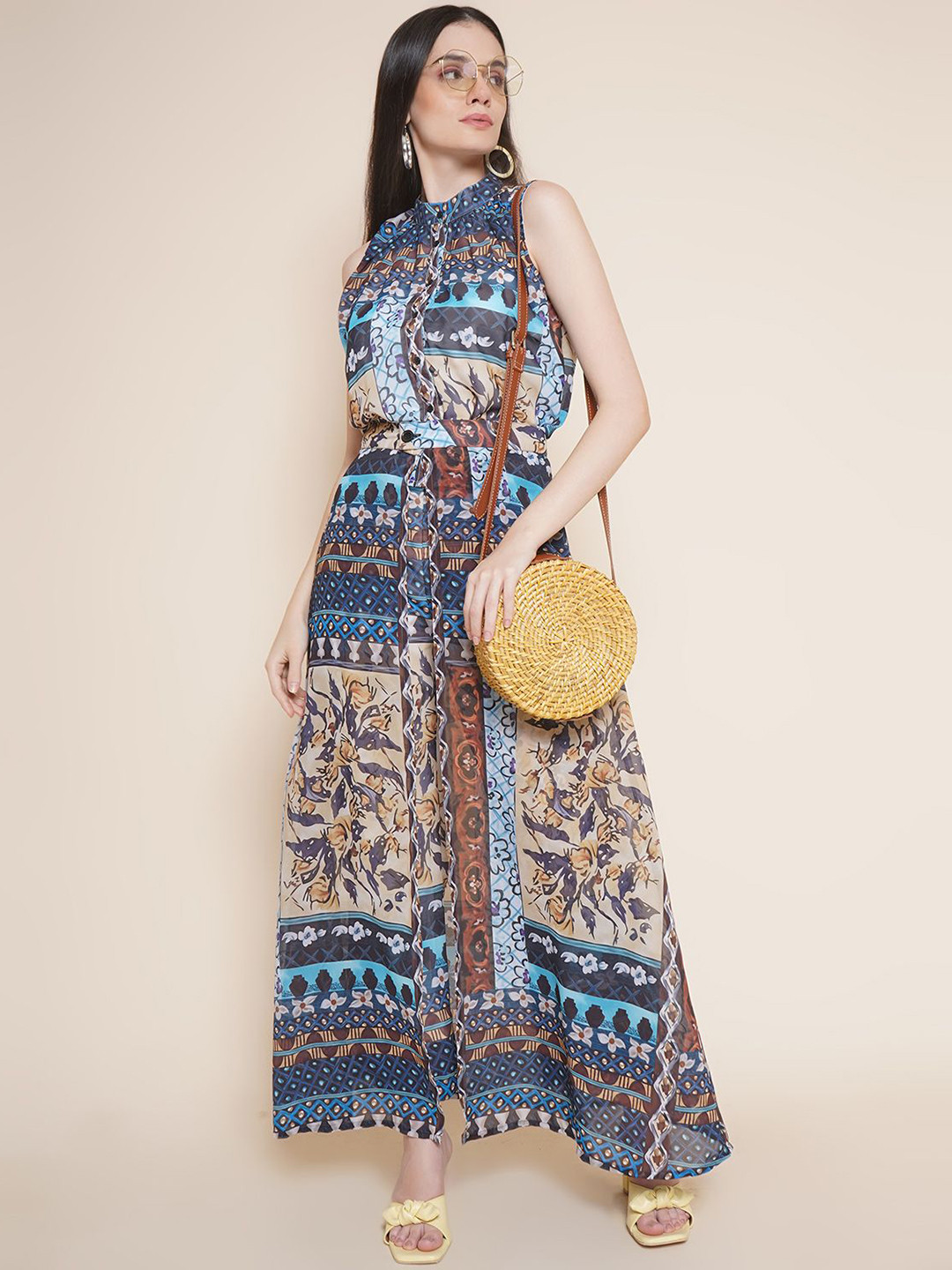JAKANARY Floral Printed Pleated Crop Top & Trouser With Skirt