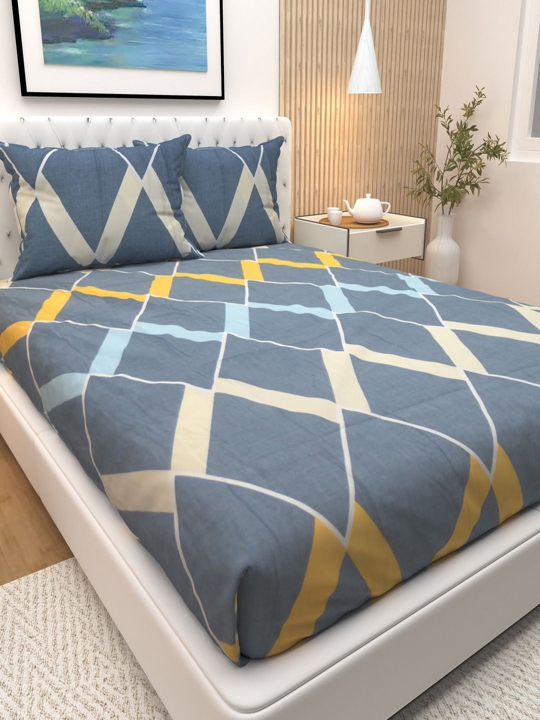 Athom Living Premium Diamond Shape Grey Geometric Cotton 180 TC Queen fine Bedsheet with 2 Pillow Covers-88 x 96 inches