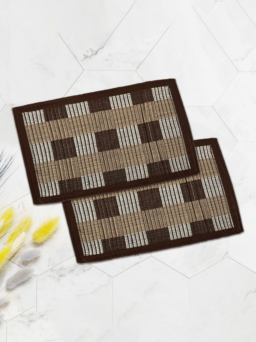 Myntra Elegant Homes Brown & White 2 Pieces Geometrical Anti Slip Super Absorbent Doormats