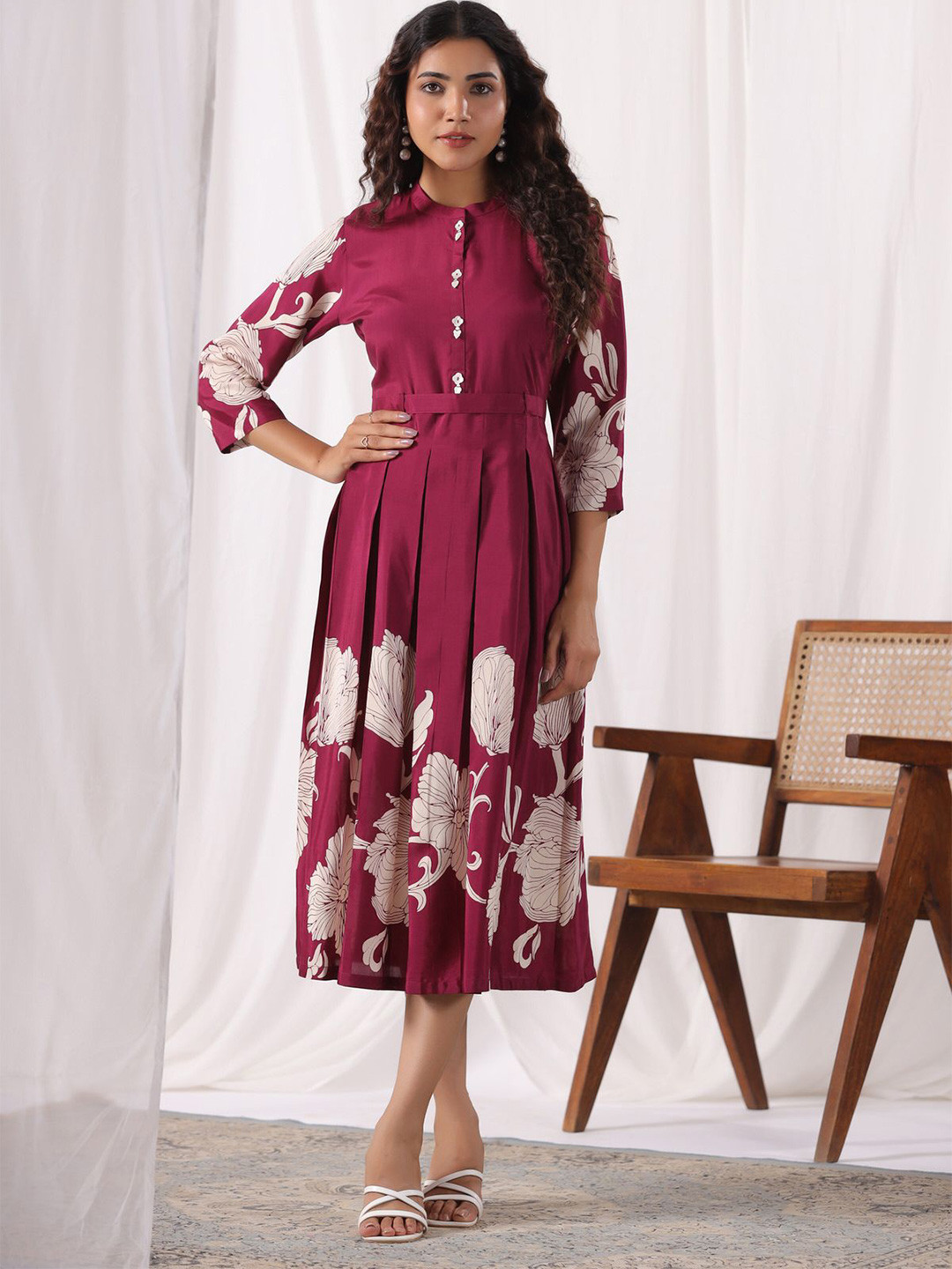 JISORA Women Wine Pritned Russian Silk Dress