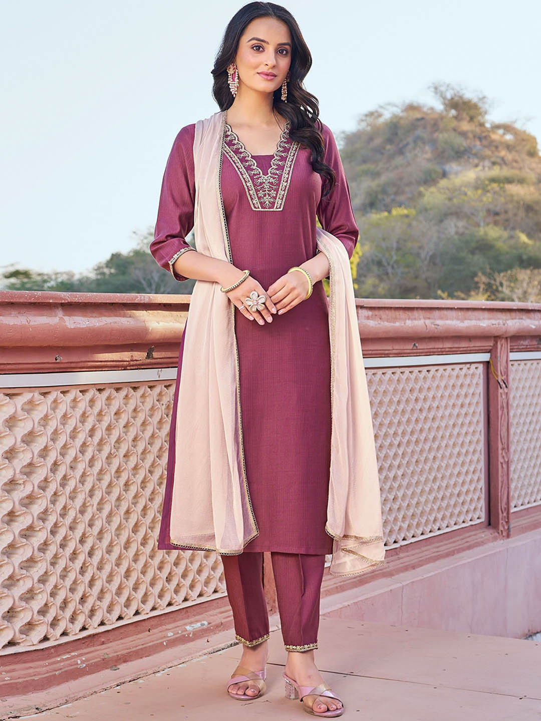 Moda Rapido Rose Coloured Floral Embroidered Straight Kurta With Trousers & Dupatta