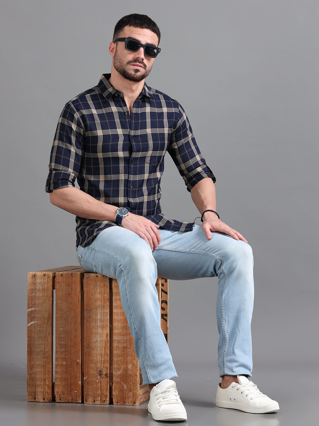 Provogue Men Straight Fit Spread Collar Tartan Checked Cotton Casual Shirt