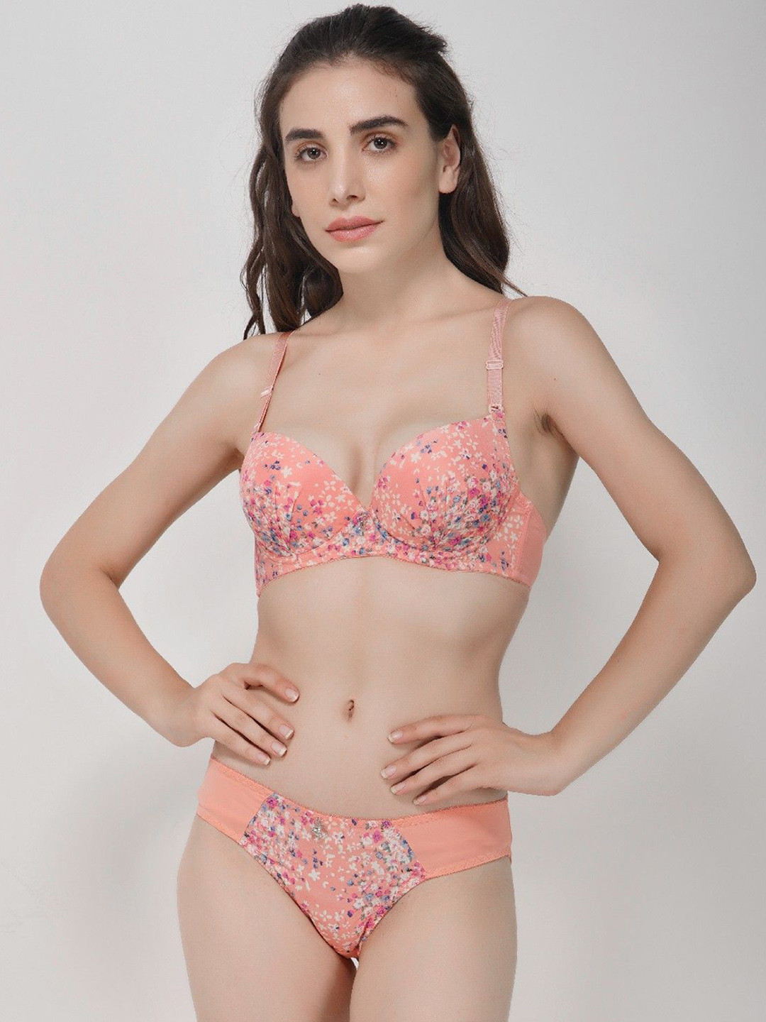 WAVE FASHION Floral Printed Lightly Padded Underwired Lingerie Set