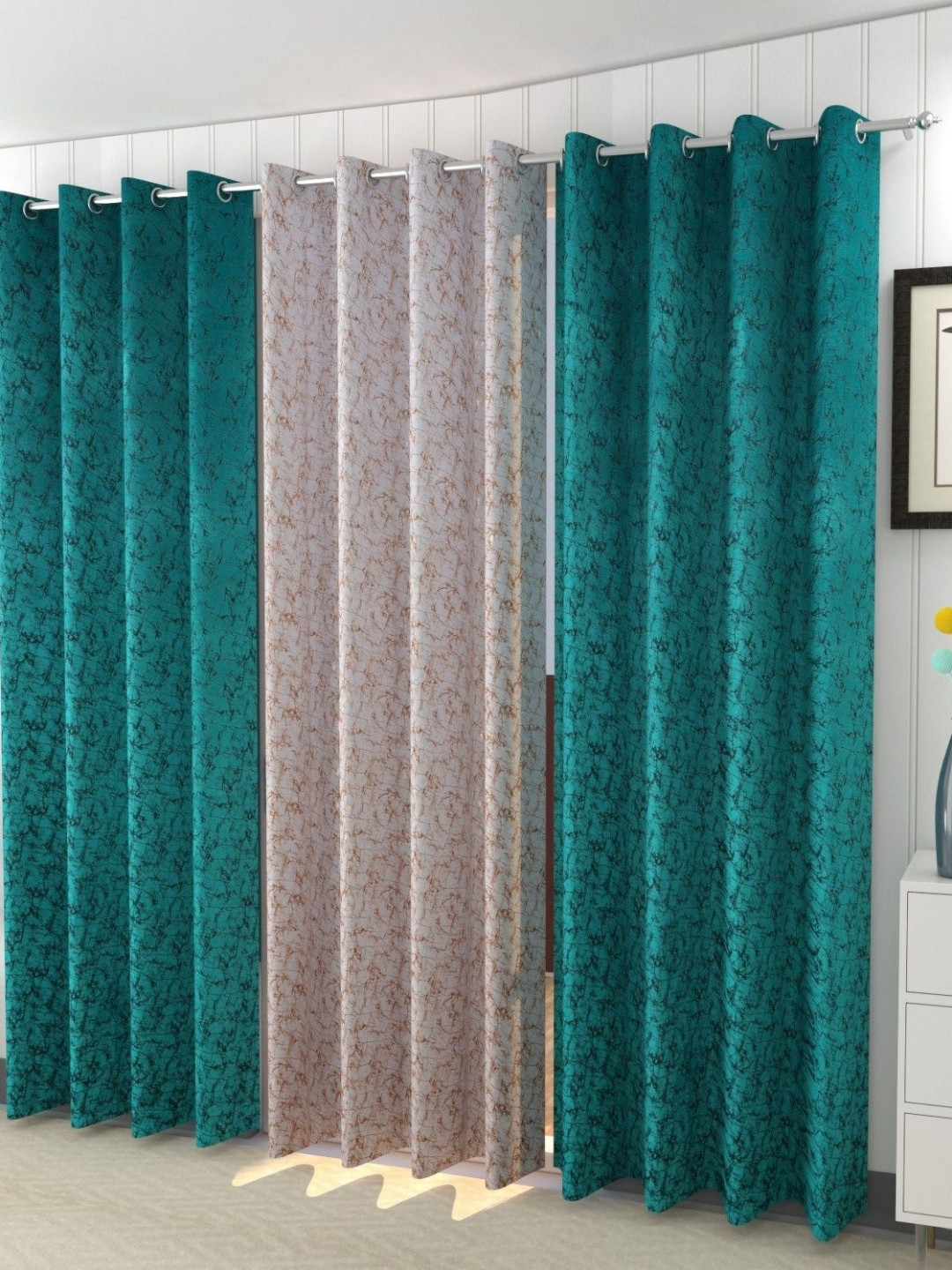 Galaxy Home Decor Green and Gold-Toned 3 Pieces Abstract Printed Velvet Door Curtains