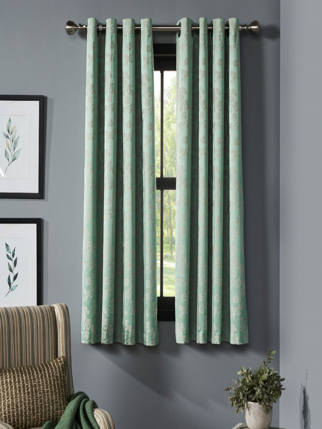 Deco Window Fluorescent Green & Peach-Coloured 2 Pieces Printed Black Out Window Curtain