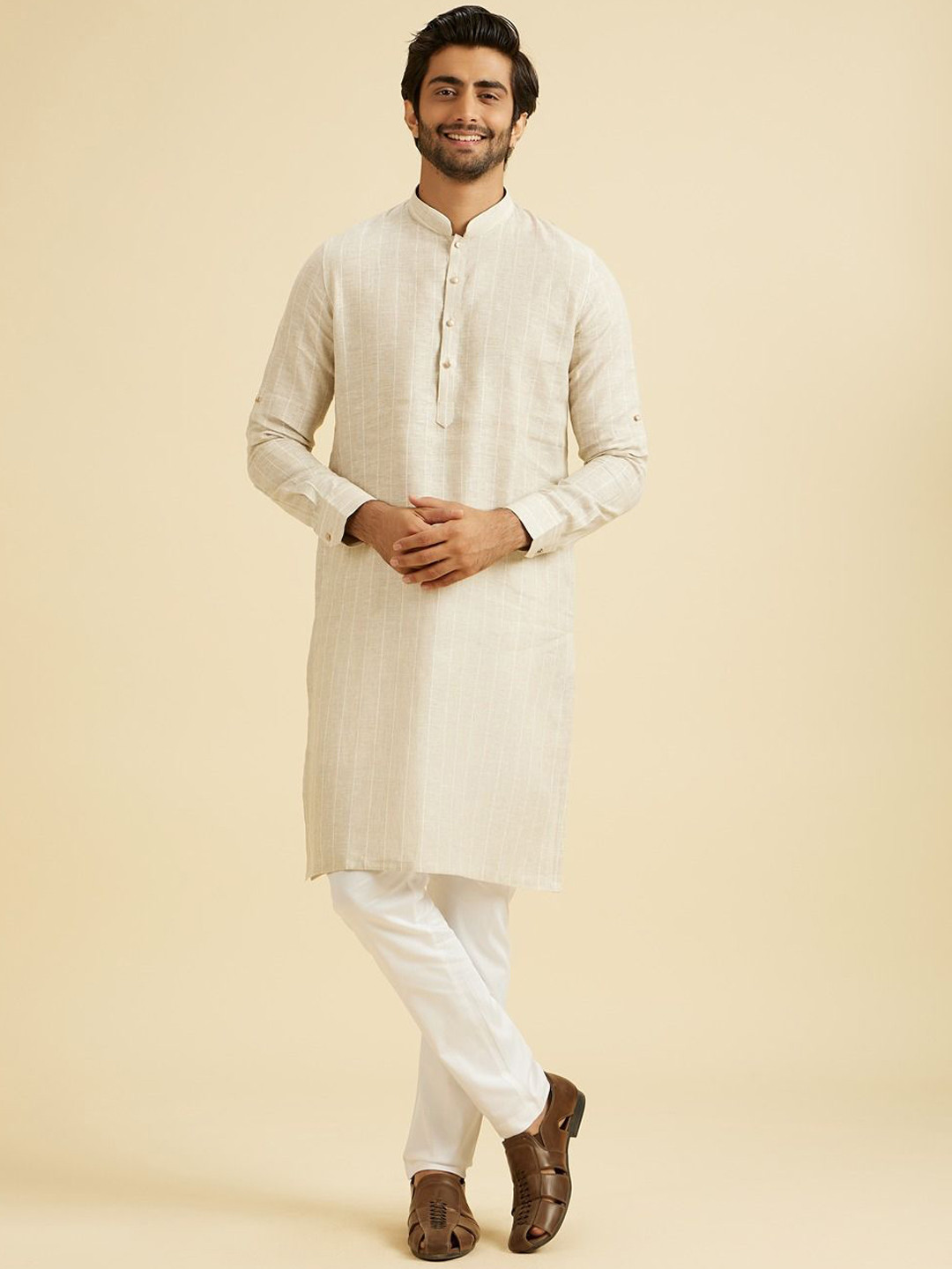 Manyavar Woven Design Mandarin Collar Linen Kurtas