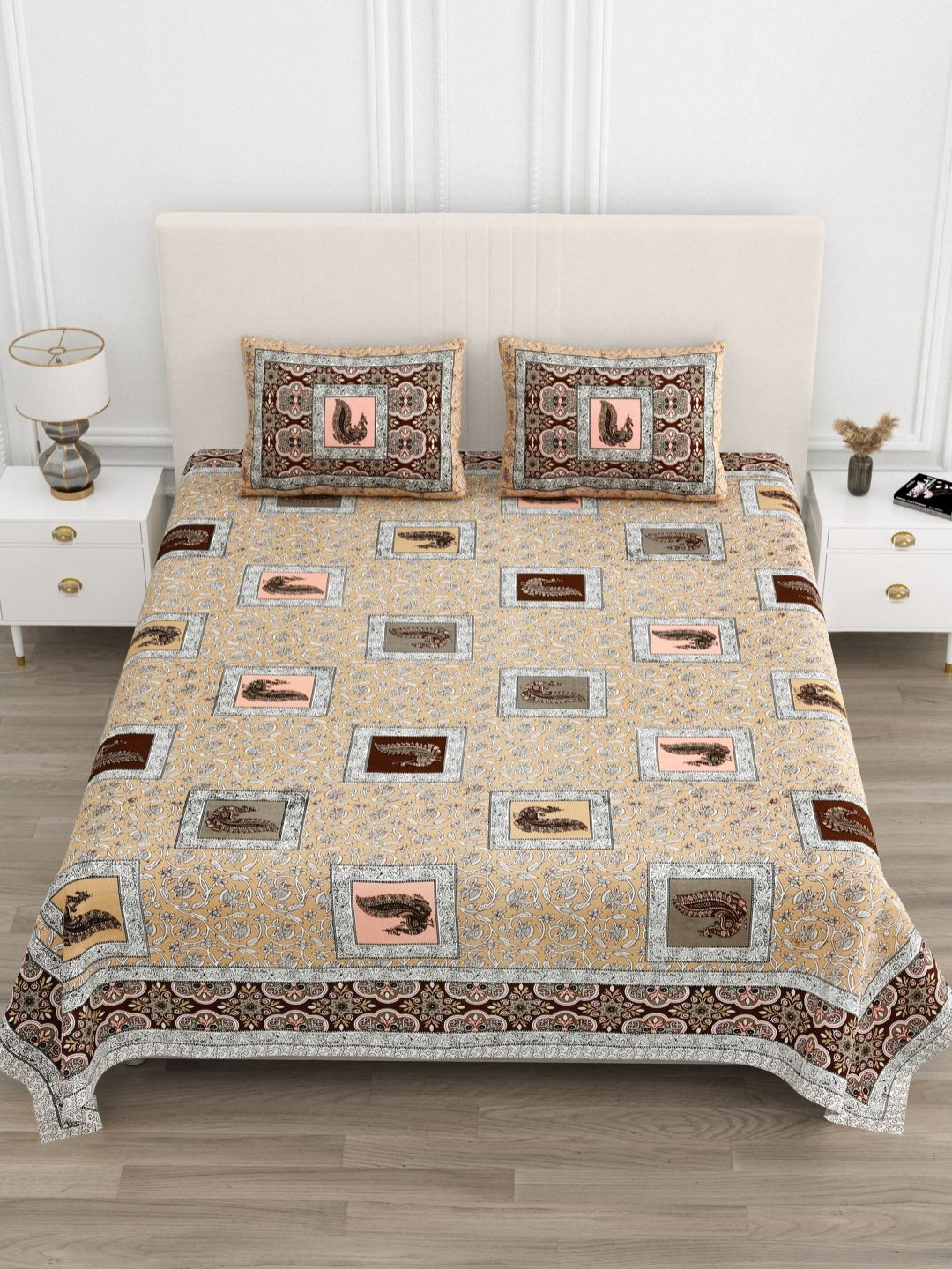 Qfab Khushi Peacock Yellow Ethnic Motifs Cotton 250 TC King Bedsheet with 2 Pillow Covers-274 x 228 cm