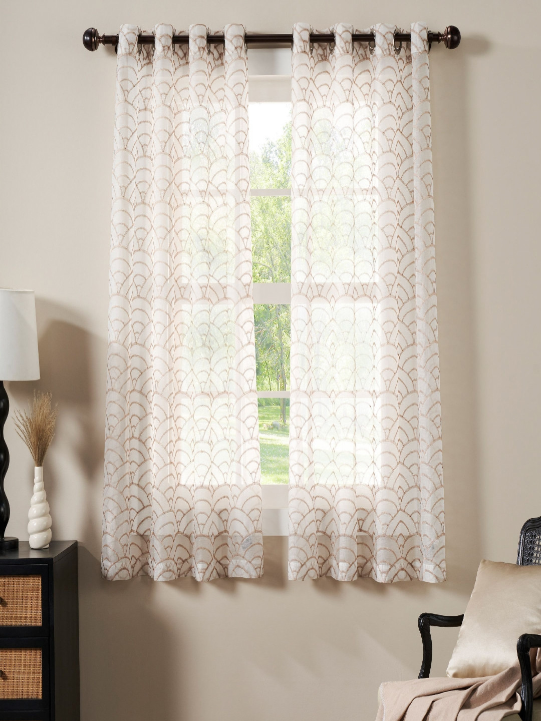 Deco Window Beige and White 2 Pieces Geometric Printed Sheer Window Curtains