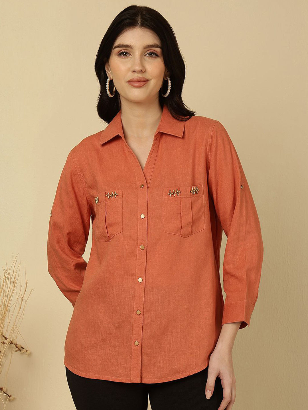 FFU Women Linen Shirt Collar Shirt Style Top