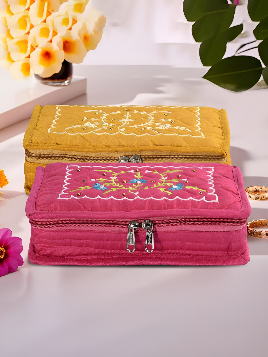 Aura Yellow and Pink 2 Pieces Embroidered 7-Compartments Jewellery Organisers