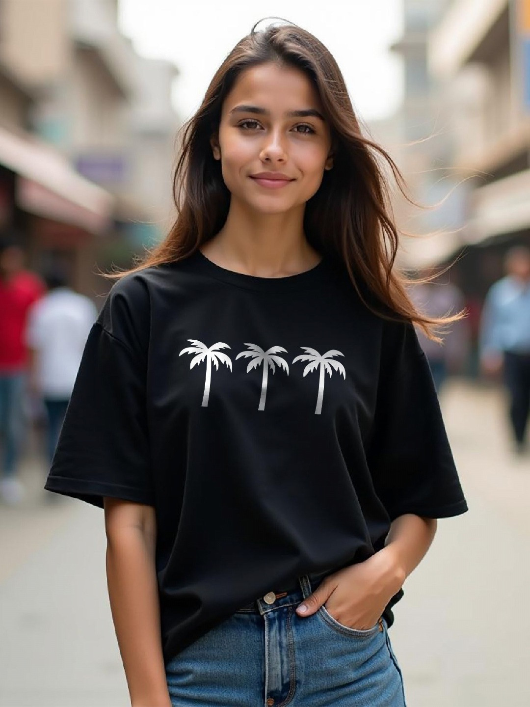 TOGS & TERRE Women Graphic Printed Round Neck Oversized Cotton T-shirt