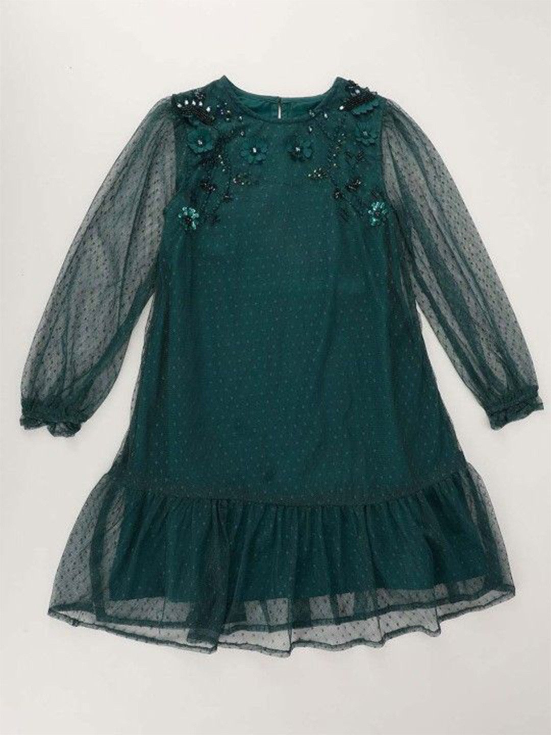 Cot'N Soft Girl Applique Sequined Bishop Sleeves A-Line Midi Dress