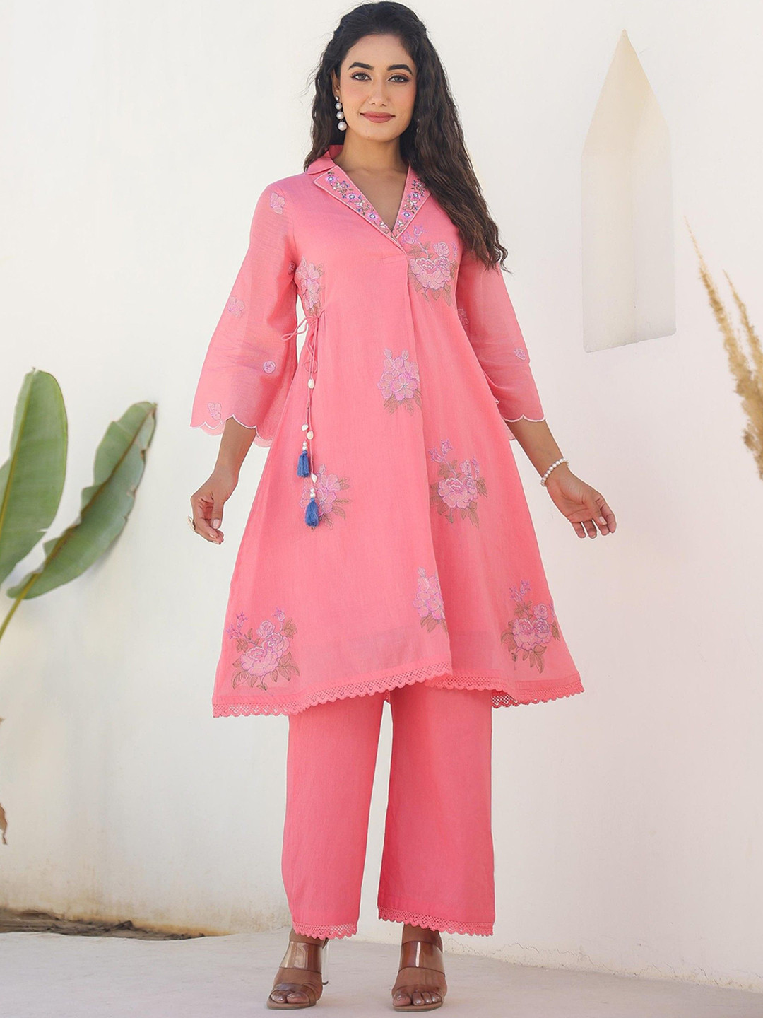 AUTUMN LANE Tridhara Flamingo Floral Embroidered Pure Cotton A-Line Kurta with Trousers