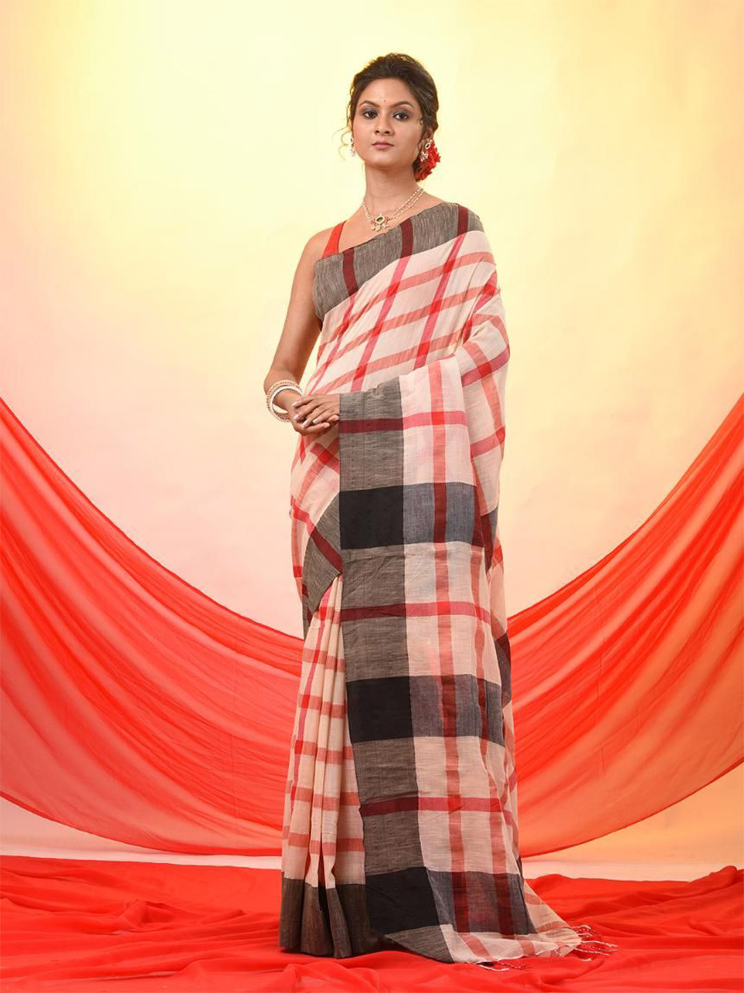VIBHAVARI White Pure Cotton Handloom Checked Design Saree with Black Border