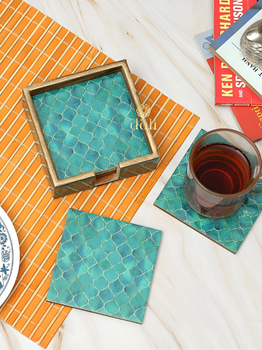 DULI 6-Pcs Teal Green & Yellow Printed WoodenCoasters