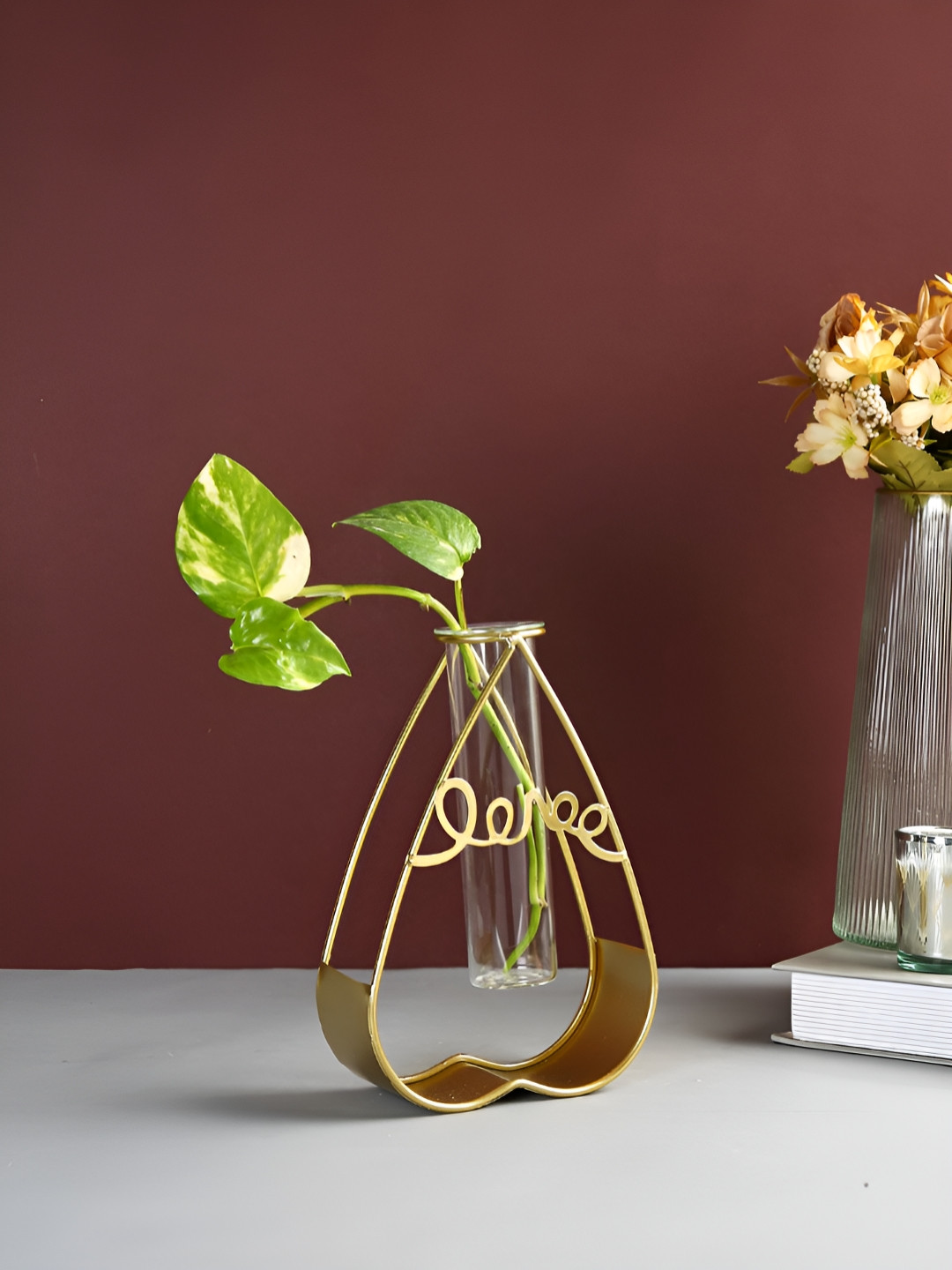 TAYHAA Transparent Metal & Glass Tube Flower Vase