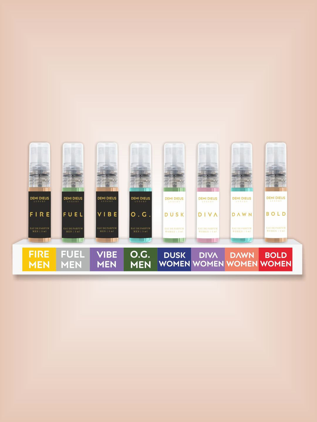 DEMI DIEUS Unisex Set Of 8 Fire, Fuel, Vibe, O.G, Dusk, Diva, Dawn, Bold EDP - 5 ml Each