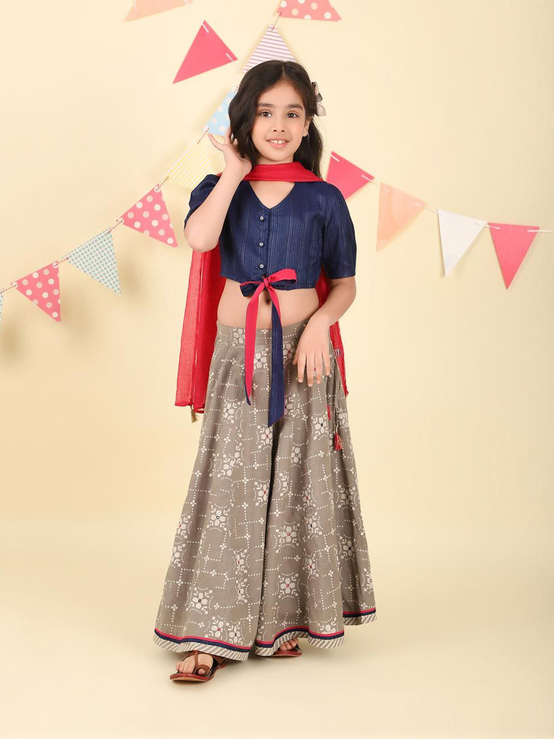 Fabindia Girls Striped V Neck Cotton Blouse With Lehenga & Dupatta