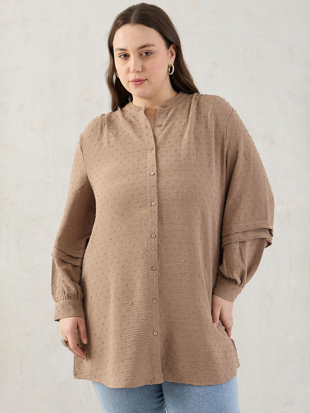 FEMMELLA Women Relaxed Fit Mandarin Collar Textured Casual Shirt