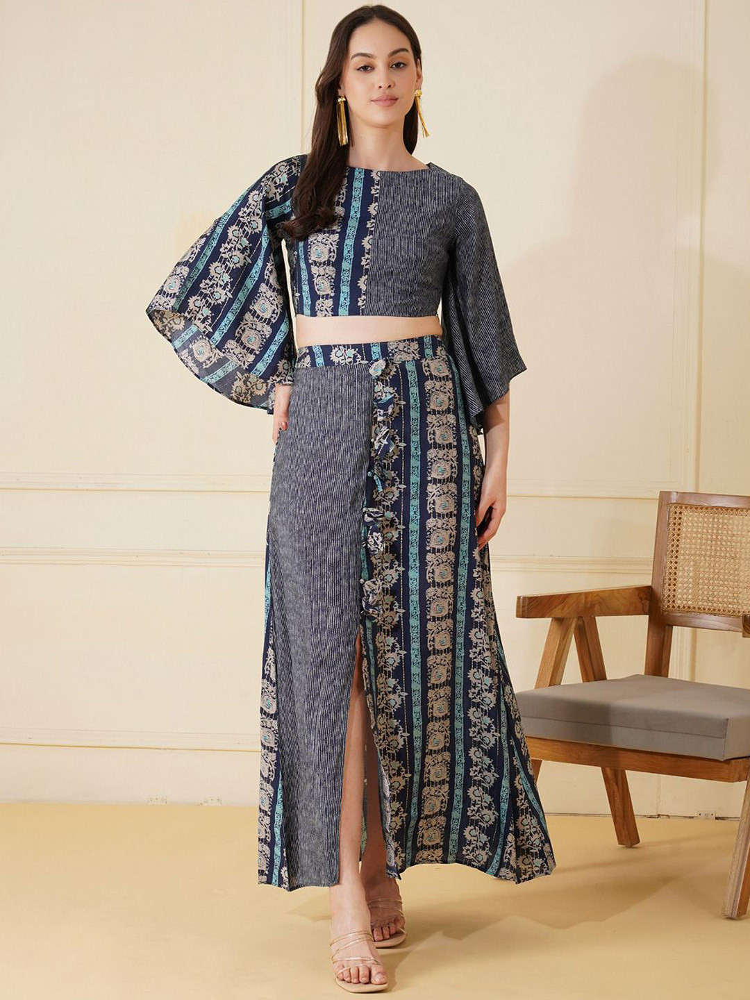 Stitchinc The Split Two Tone Floral Printed Top & Long Skirt