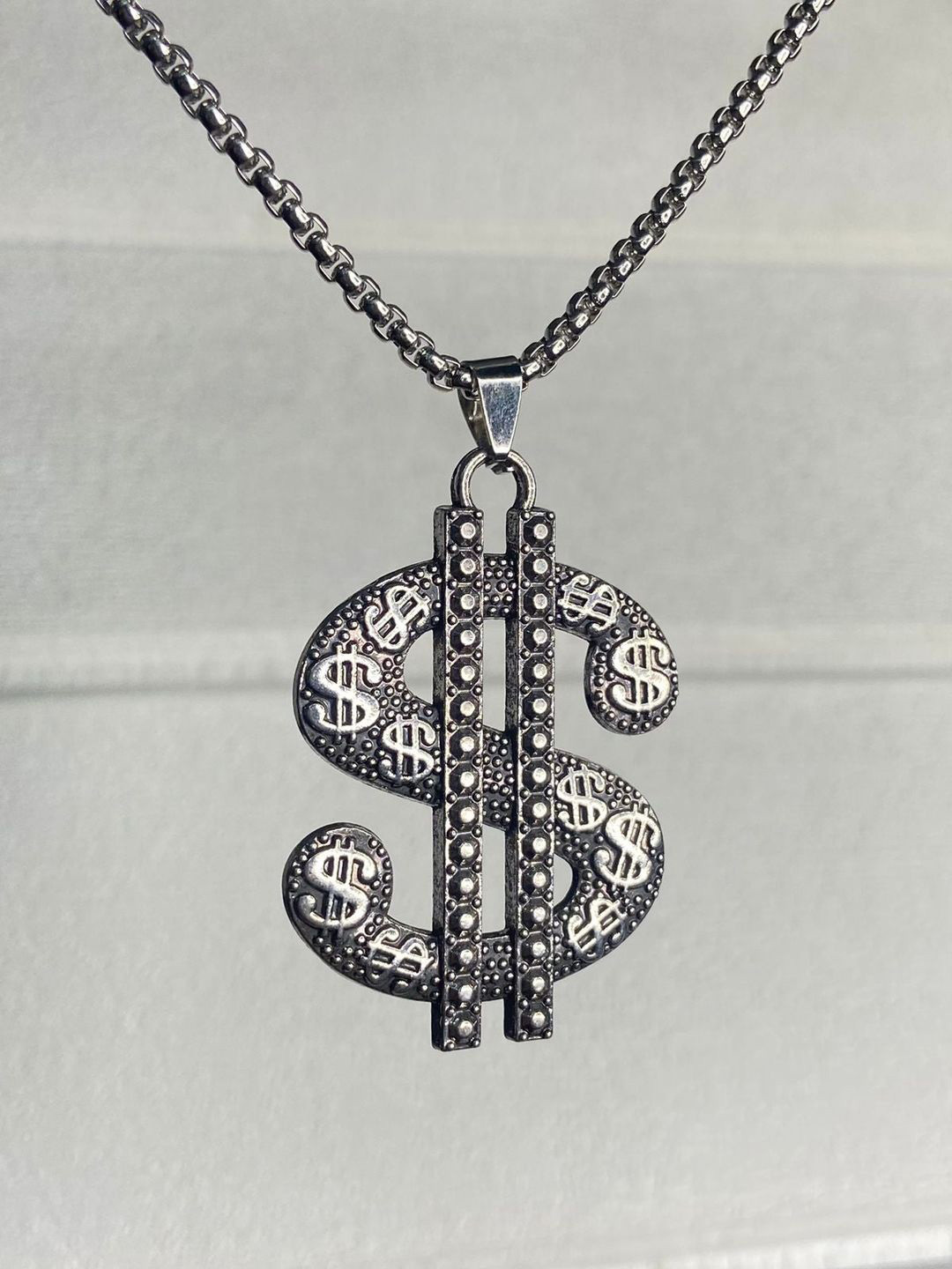 FIMBUL Men Silver Plated Artificial Stones Studded Dollar Charm Hip Hop Pendant With Chain