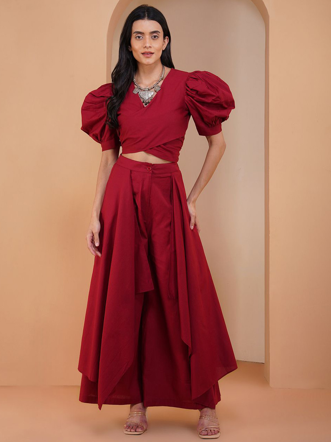 Stitchinc The Sailor Puff Sleeve Cotton Linen Top & Flare Palazzo