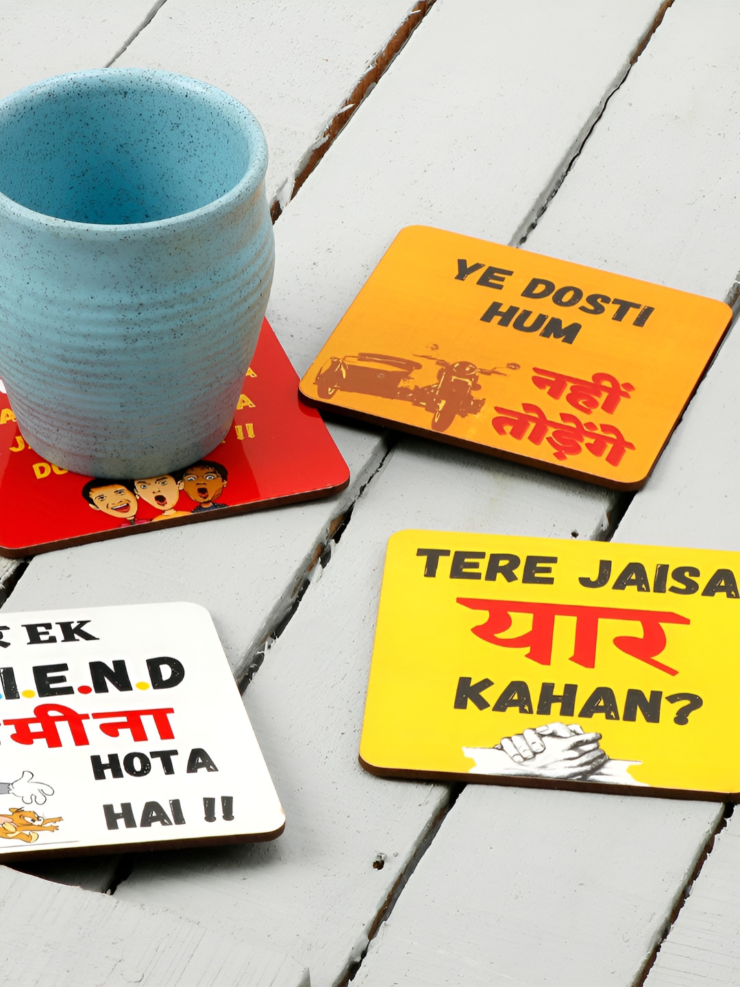 DULI 4-Pcs Red & Yellow Printed Square Dining Table Coasters