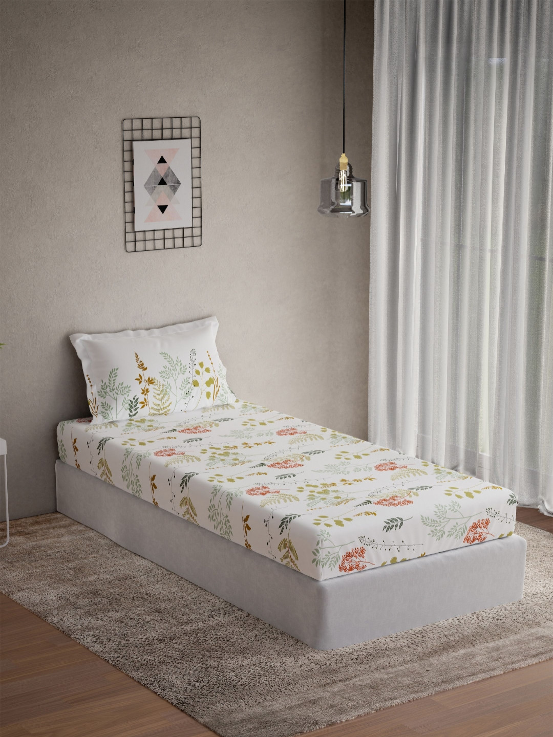 DDecor Live Beautiful White Floral Cotton 144 TC Single Bedsheet with a Pillow Cover-87 x 93 inches
