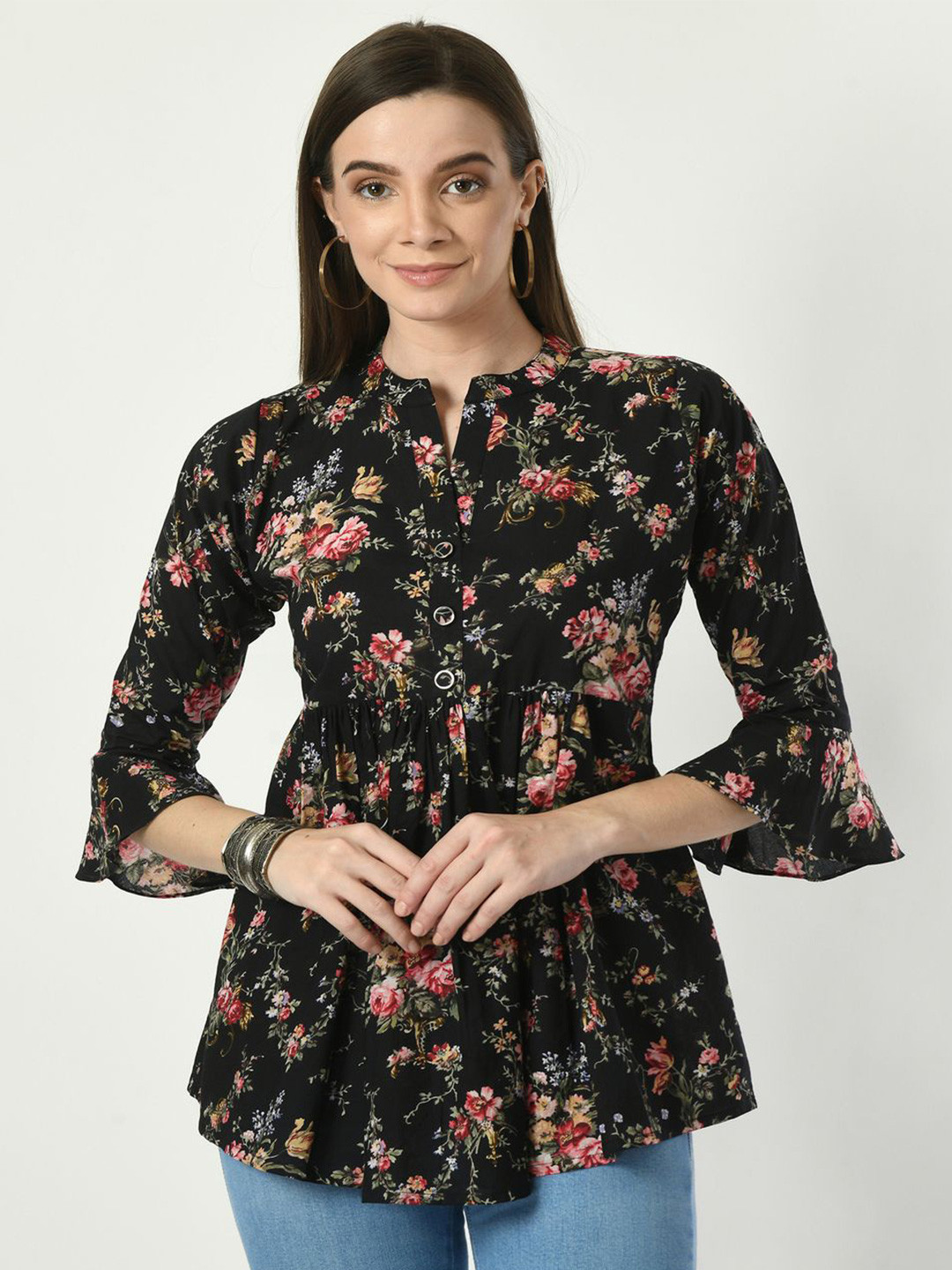 MAURYA Black Floral Print High Neck Cotton Top