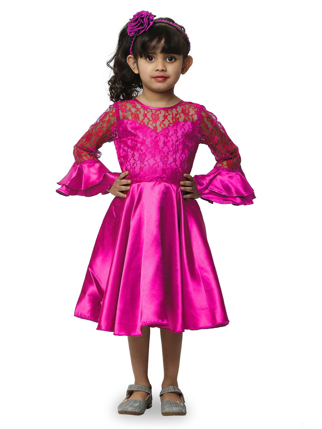 Wow Princess Girls Satin Round Neck Bell Sleeves A-Line Dress