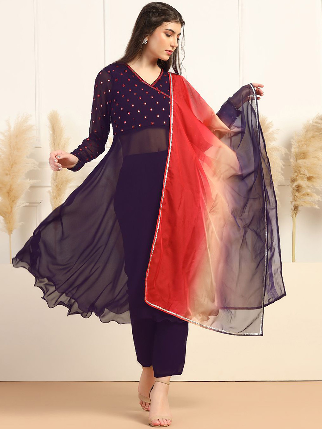 FASHION DREAM Geometric Mirror Work Anarkali Georgette Kurta With Trousers & Dupatta