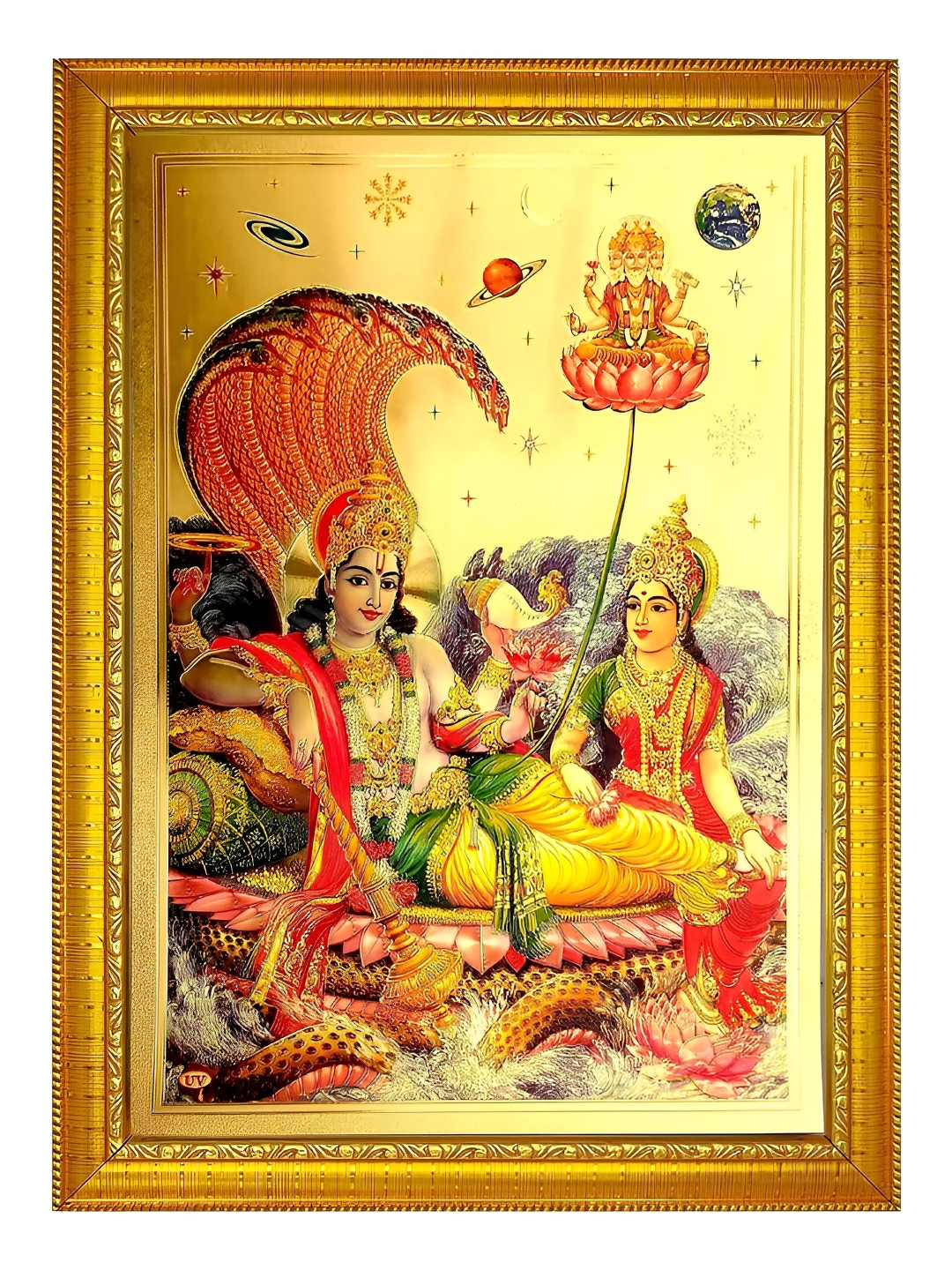 ADA Handicraft Gold-Toned & Red Shree VishnuJi With Maa LakshmiJi Wood Wall Photo Frames