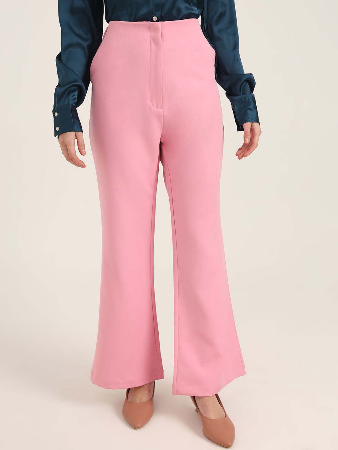 AMSWAN Women Smart Flared Wide Leg High-Rise Trousers